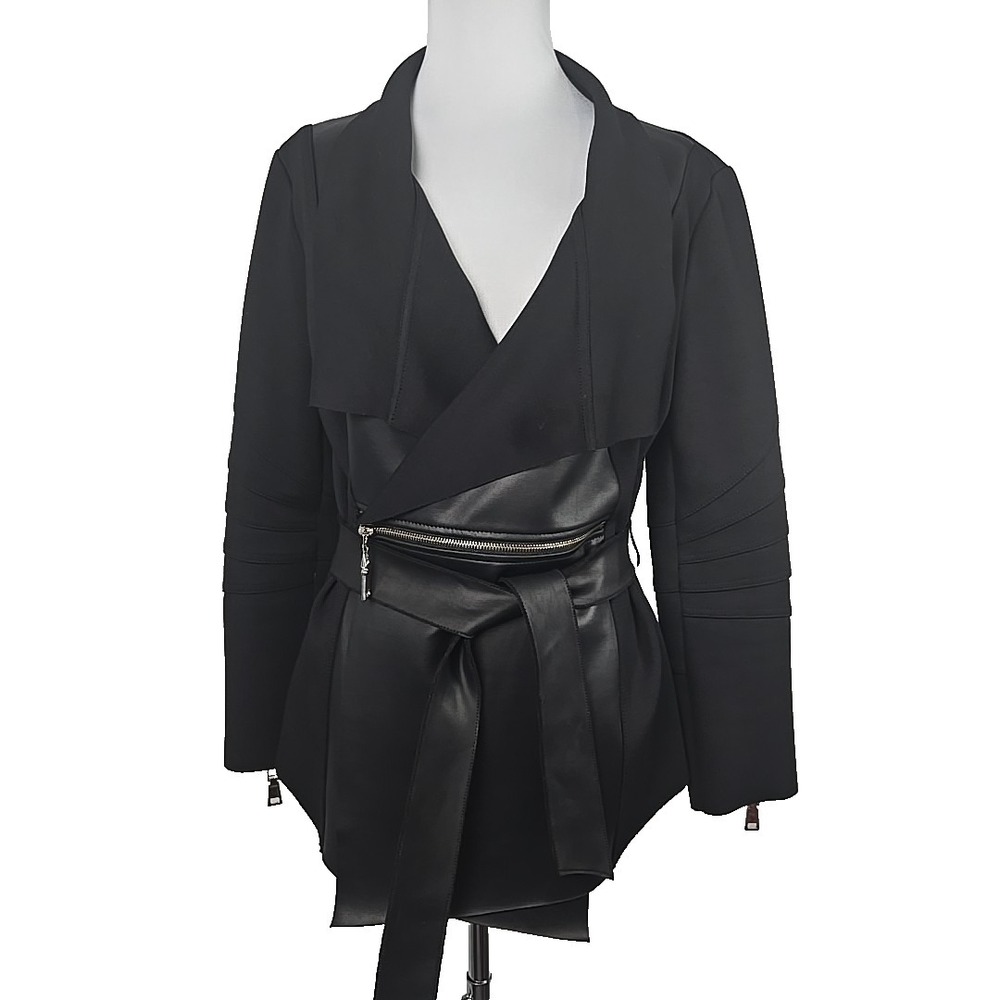 Ravel Black Zipper Accent‎ Ponte Knit Faux Leather Belted Jacket Size XS